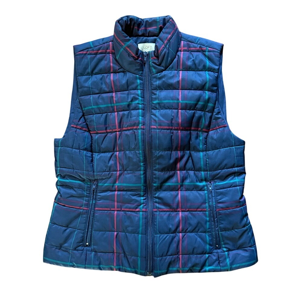 Loft Navy Plaid Puffer Vest Womens Medium Full Zip Quilted Outerwear Cabincore